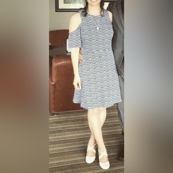 Banana Republic Cold Shoulder Fit and Flare Navy Print Dress - Picture 3 of 6